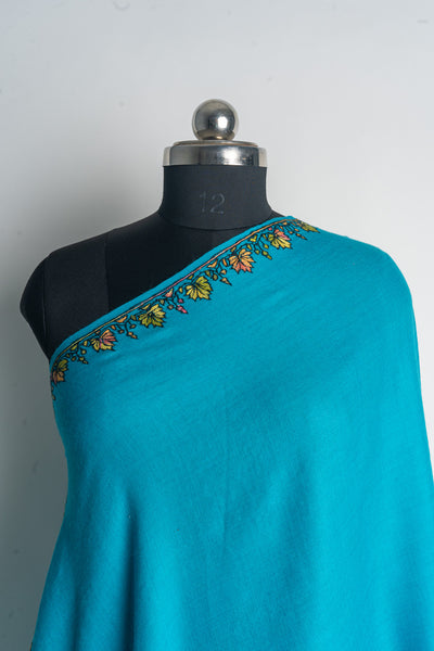 Vibrant Turquoise Kashmiri Hand Embroidered Merino Wool Sozni Shawl