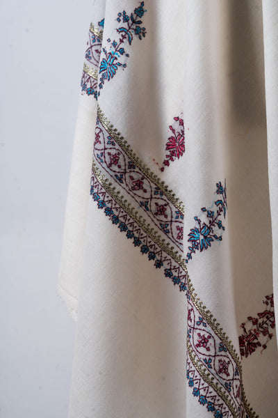 Nargis Ivory Merino Wool with Hand Tilla & Sozni Hand Embroidery Shawl