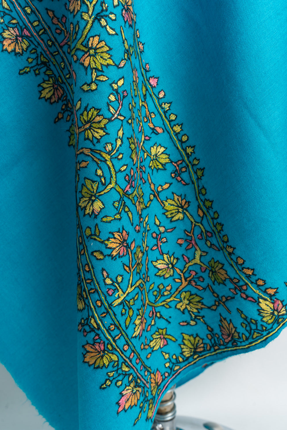 Vibrant Turquoise Kashmiri Hand Embroidered Merino Wool Sozni Shawl