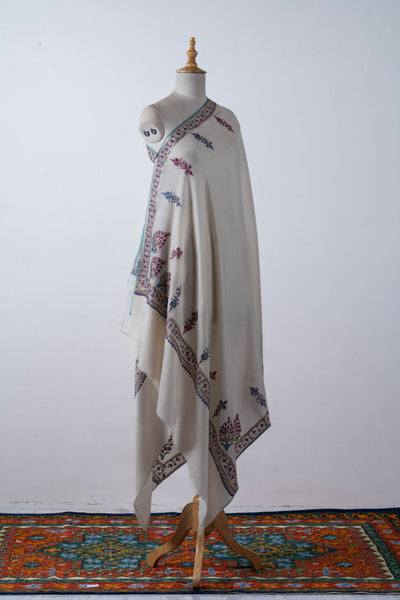 Nargis Ivory Merino Wool with Hand Tilla & Sozni Hand Embroidery Shawl