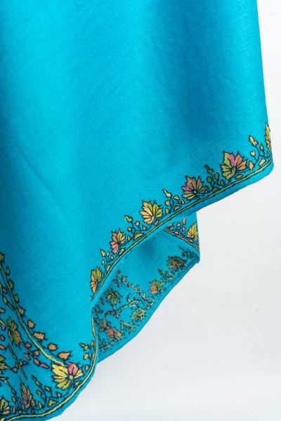 Vibrant Turquoise Kashmiri Hand Embroidered Merino Wool Sozni Shawl