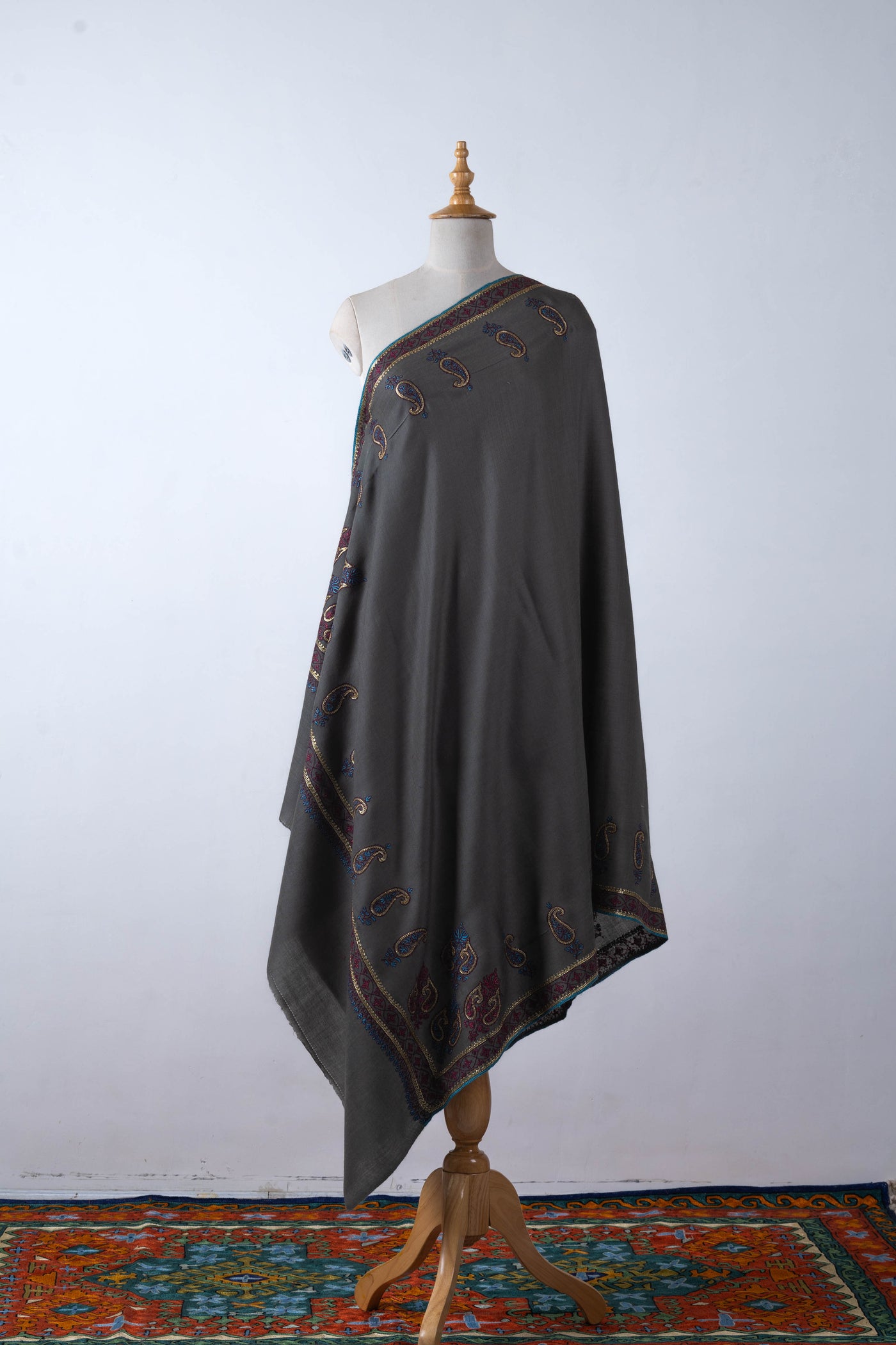 Shabnam Grey with Hand Tilla & Sozni Hand Embroidered Merino Wool Shawl