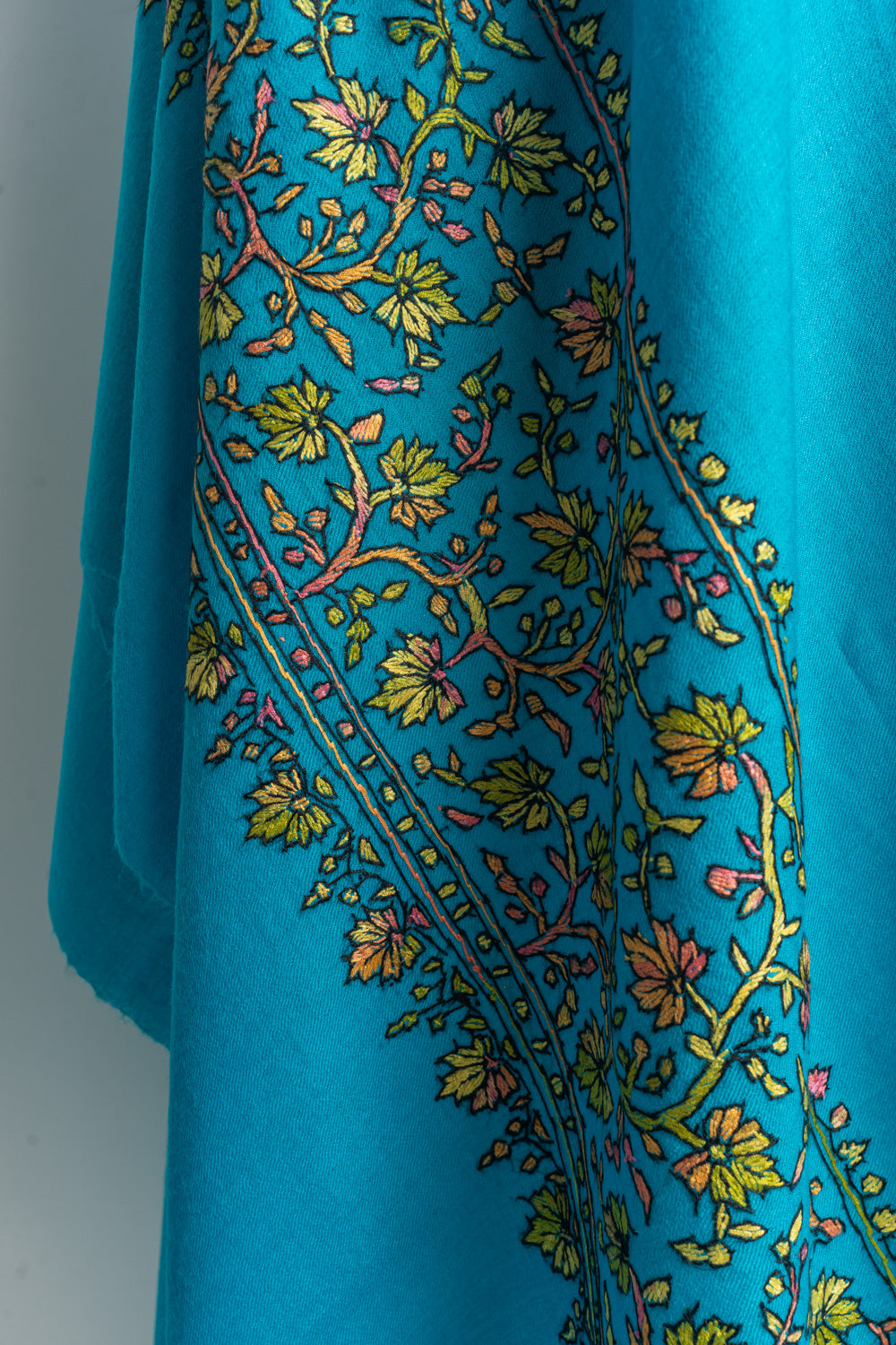 Vibrant Turquoise Kashmiri Hand Embroidered Merino Wool Sozni Shawl