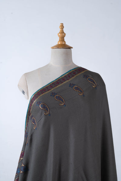 Shabnam Grey with Hand Tilla & Sozni Hand Embroidered Merino Wool Shawl