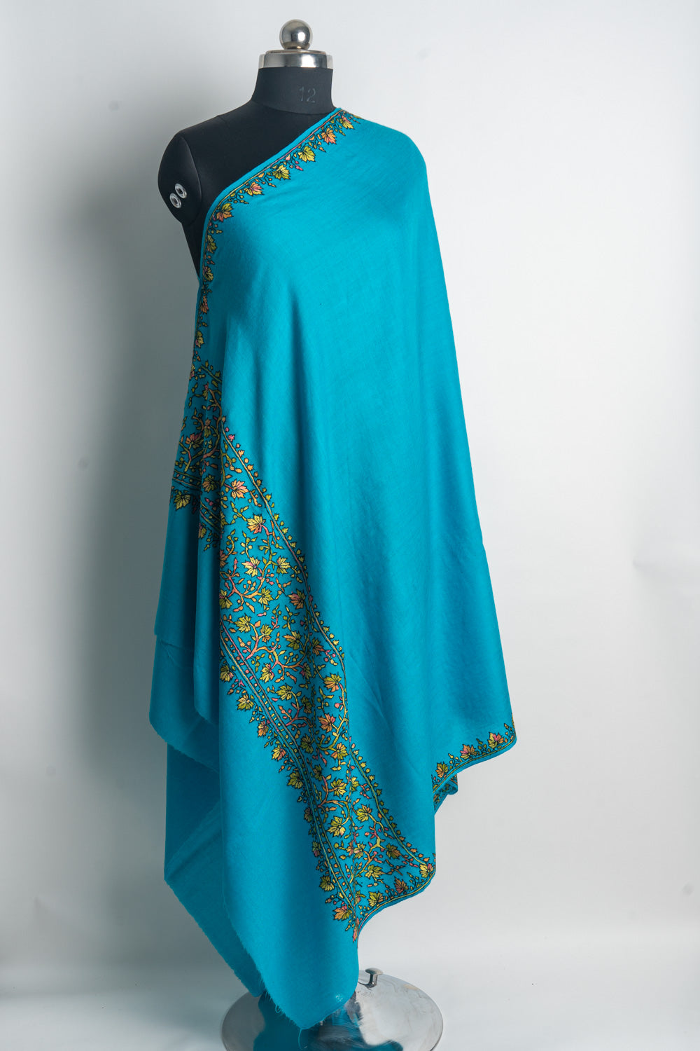 Vibrant Turquoise Kashmiri Hand Embroidered Merino Wool Sozni Shawl