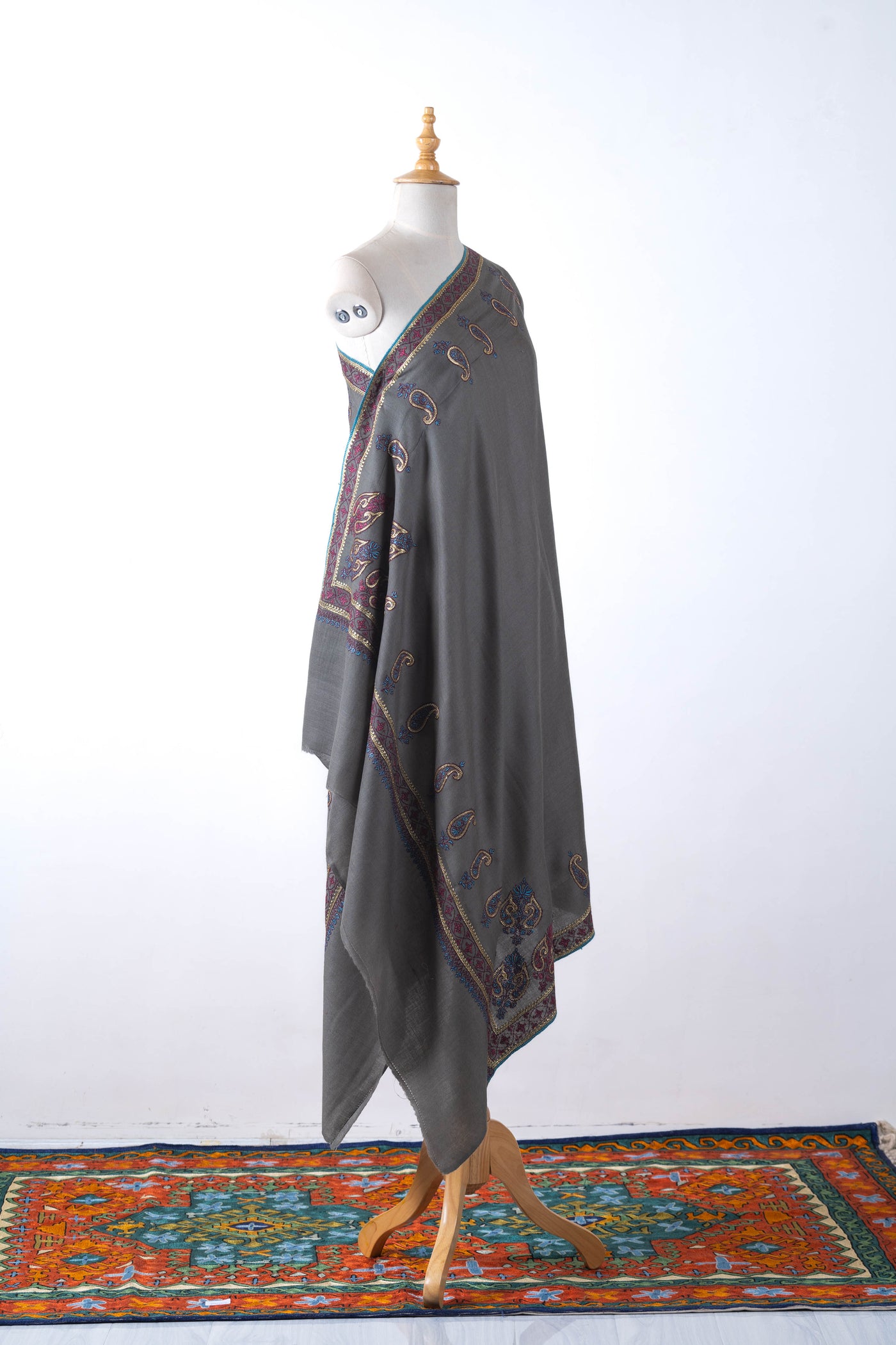 Shabnam Grey with Hand Tilla & Sozni Hand Embroidered Merino Wool Shawl