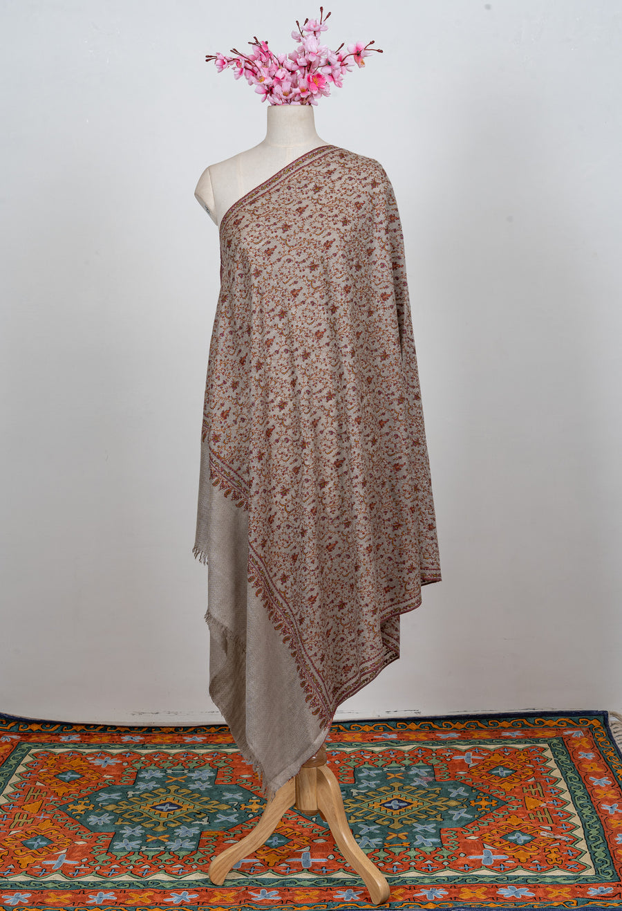 Whispered Sand Sozni Hand Embroidered Pashmina Shawl