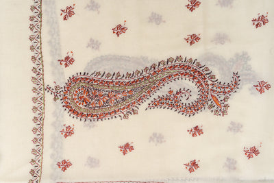 Classic Ivory Kashmiri Hand Embroidered Merino Wool Sozni Shawl