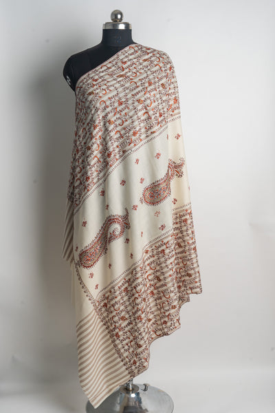 Classic Ivory Kashmiri Hand Embroidered Merino Wool Sozni Shawl