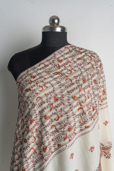 Classic Ivory Kashmiri Hand Embroidered Merino Wool Sozni Shawl