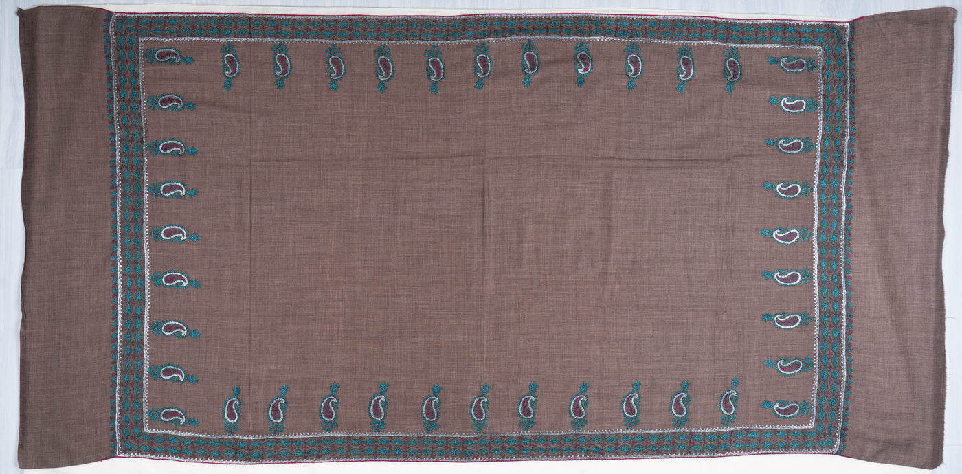 Tehzeeb Taupe Merino Wool with Hand Tilla & Sozni Hand Embroidery Shawl