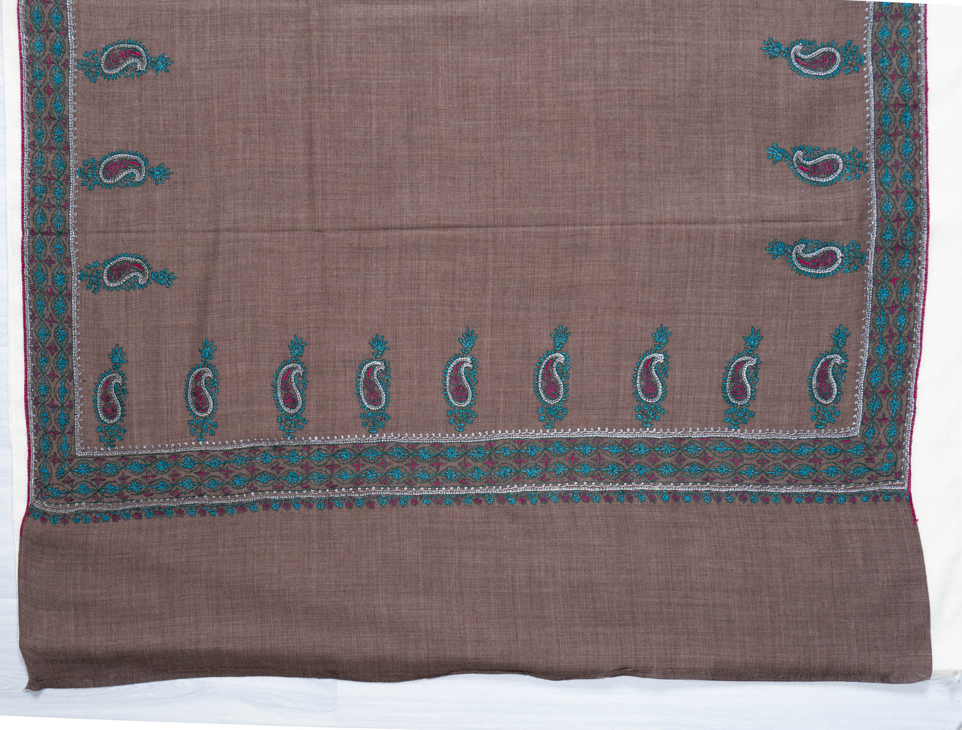 Tehzeeb Taupe Merino Wool with Hand Tilla & Sozni Hand Embroidery Shawl