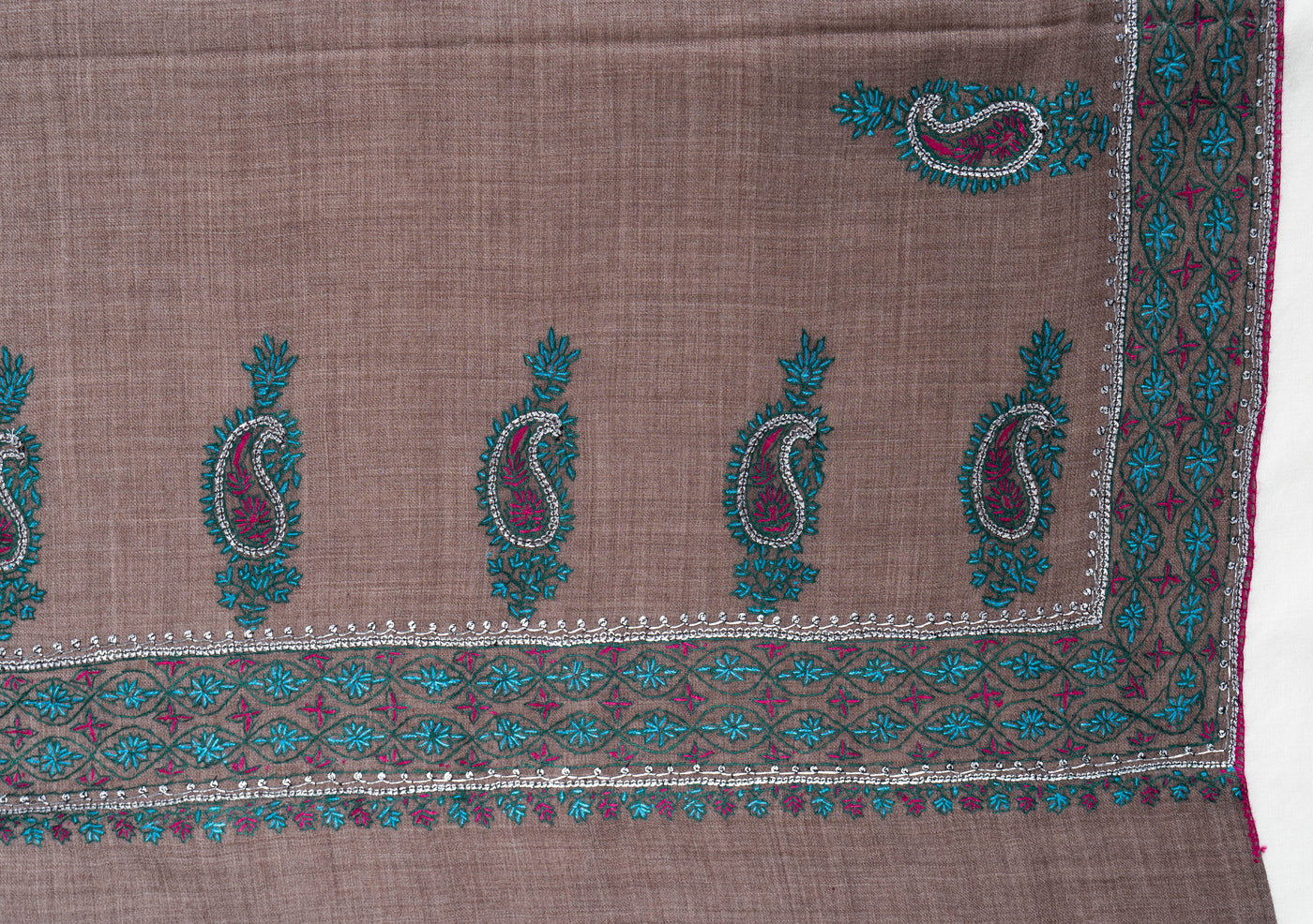 Tehzeeb Taupe Merino Wool with Hand Tilla & Sozni Hand Embroidery Shawl