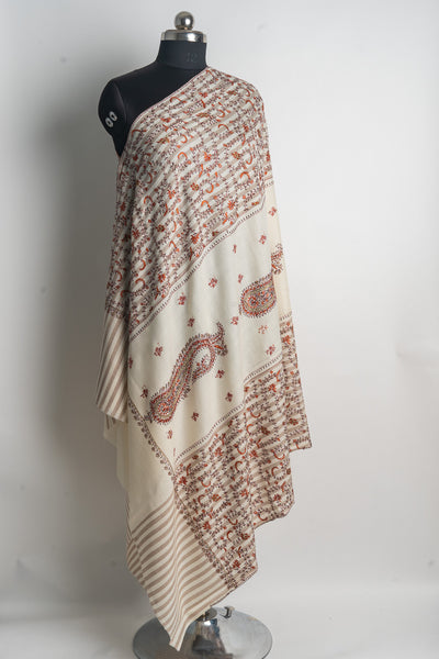 Classic Ivory Kashmiri Hand Embroidered Merino Wool Sozni Shawl