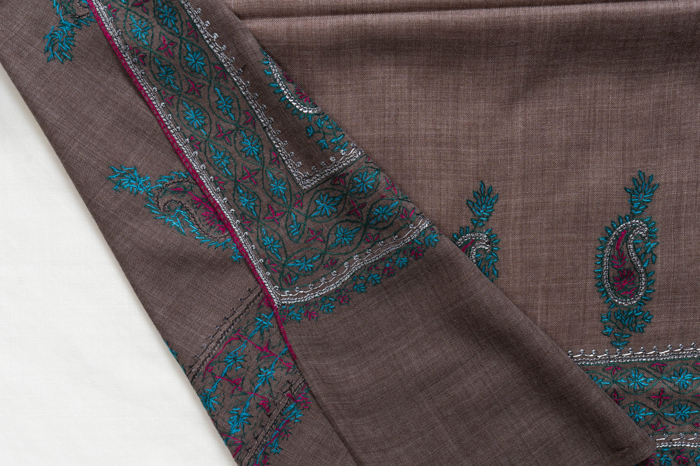 Tehzeeb Taupe Merino Wool with Hand Tilla & Sozni Hand Embroidery Shawl