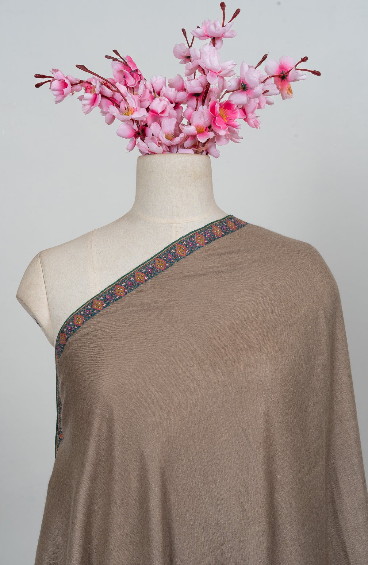 Taupe Serenity Sozni Hand Embroidered Pure Pashmina Shawl