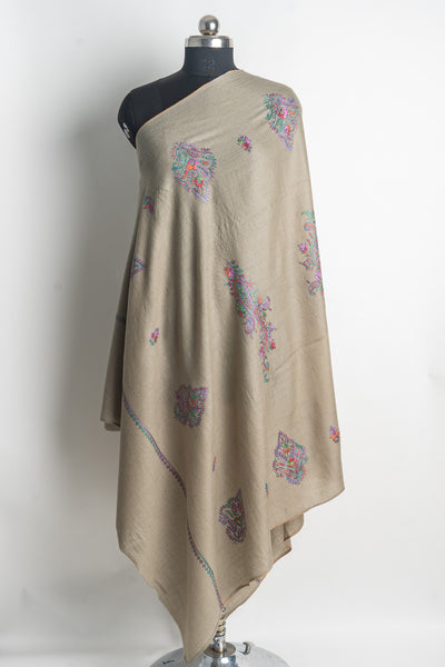 Elegant Beige Kashmiri Hand Embroidered Merino Wool Sozni Shawl with Floral Motifs