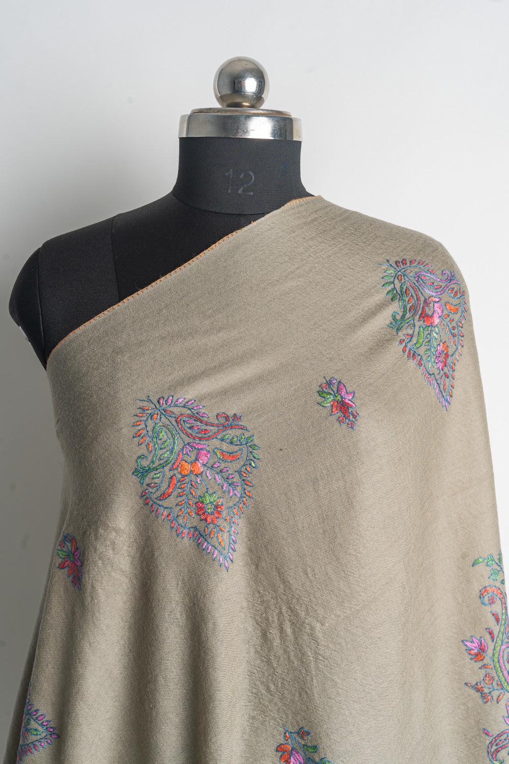 Elegant Beige Kashmiri Hand Embroidered Merino Wool Sozni Shawl with Floral Motifs