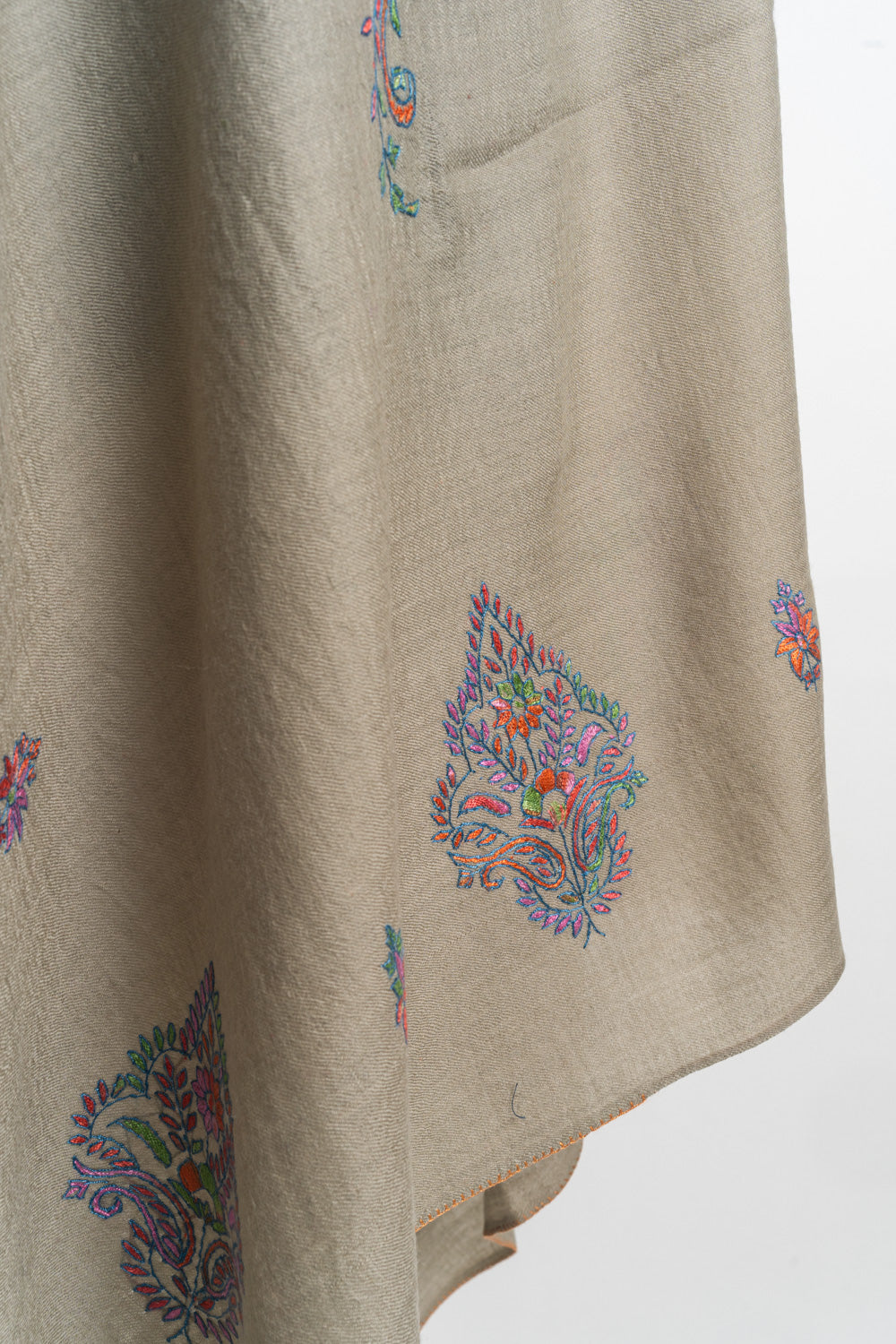 Elegant Beige Kashmiri Hand Embroidered Merino Wool Sozni Shawl with Floral Motifs