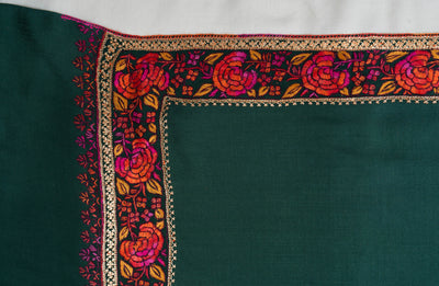 Zumar Emerald with Hand Tilla & Sozni Hand Embroidered Merino Wool Shawl