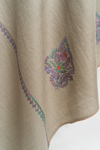 Elegant Beige Kashmiri Hand Embroidered Merino Wool Sozni Shawl with Floral Motifs