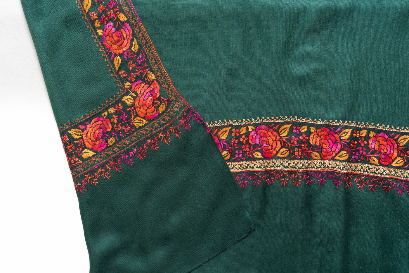 Zumar Emerald with Hand Tilla & Sozni Hand Embroidered Merino Wool Shawl