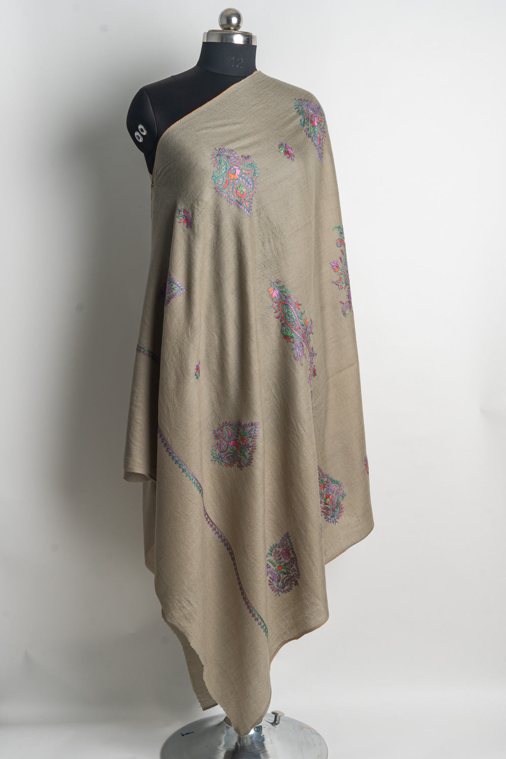 Elegant Beige Kashmiri Hand Embroidered Merino Wool Sozni Shawl with Floral Motifs