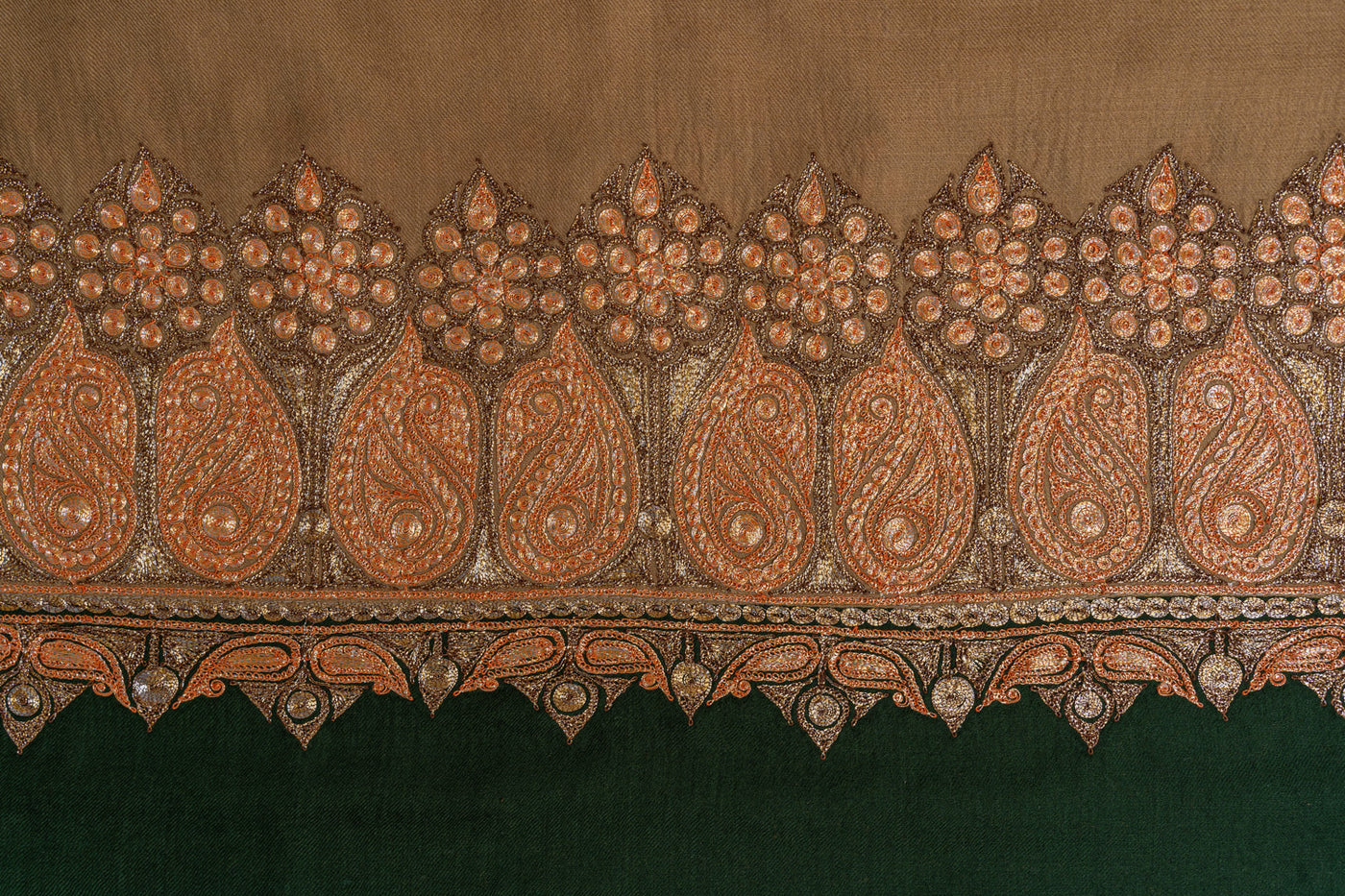 Luxurious Amber Kashmiri Tilla Embroidered Merino Wool Shawl