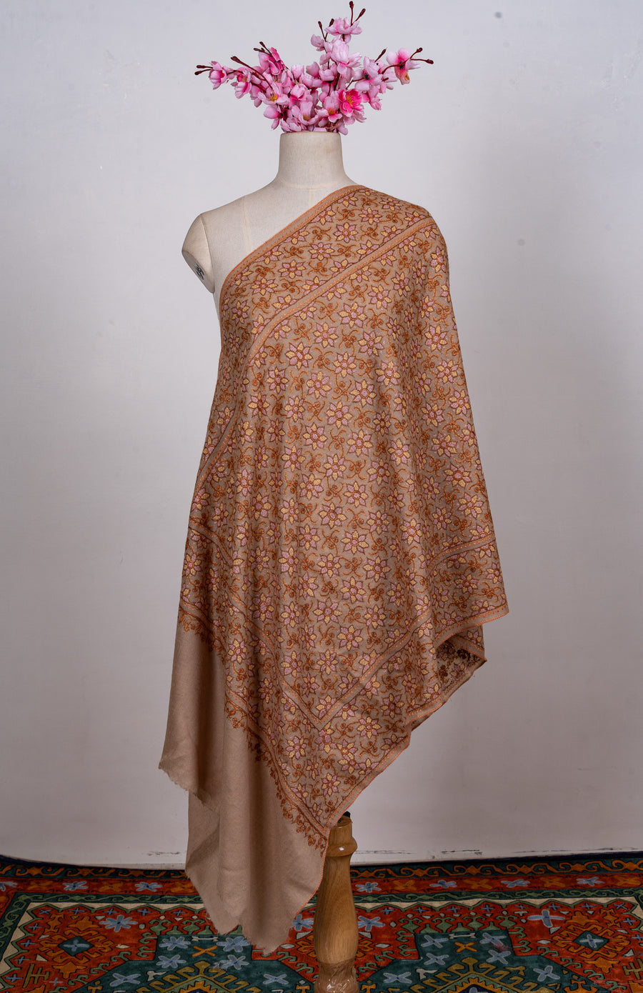 Rosewood Garden Sozni Hand Embroidered Merino Wool Stole