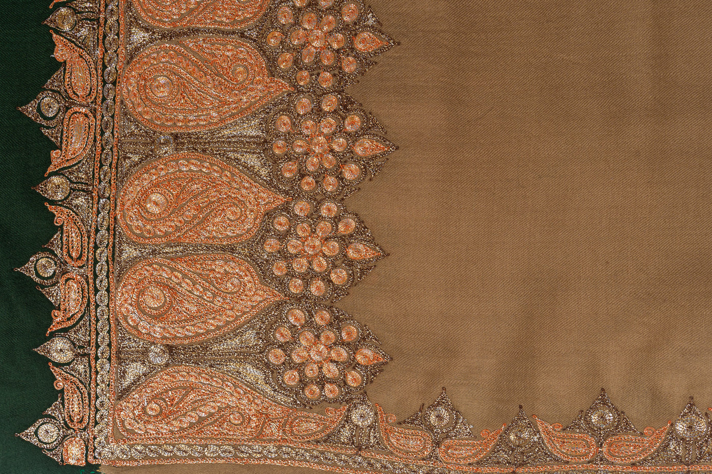 Luxurious Amber Kashmiri Tilla Embroidered Merino Wool Shawl