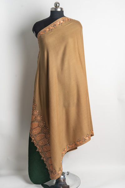 Luxurious Amber Kashmiri Tilla Embroidered Merino Wool Shawl