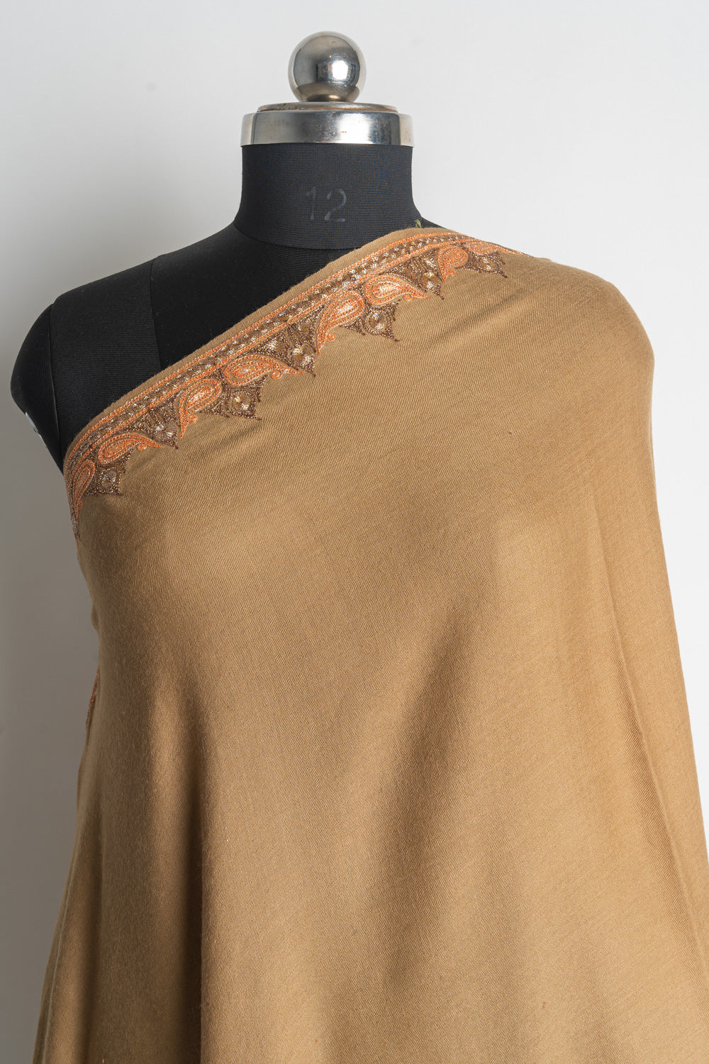 Luxurious Amber Kashmiri Tilla Embroidered Merino Wool Shawl