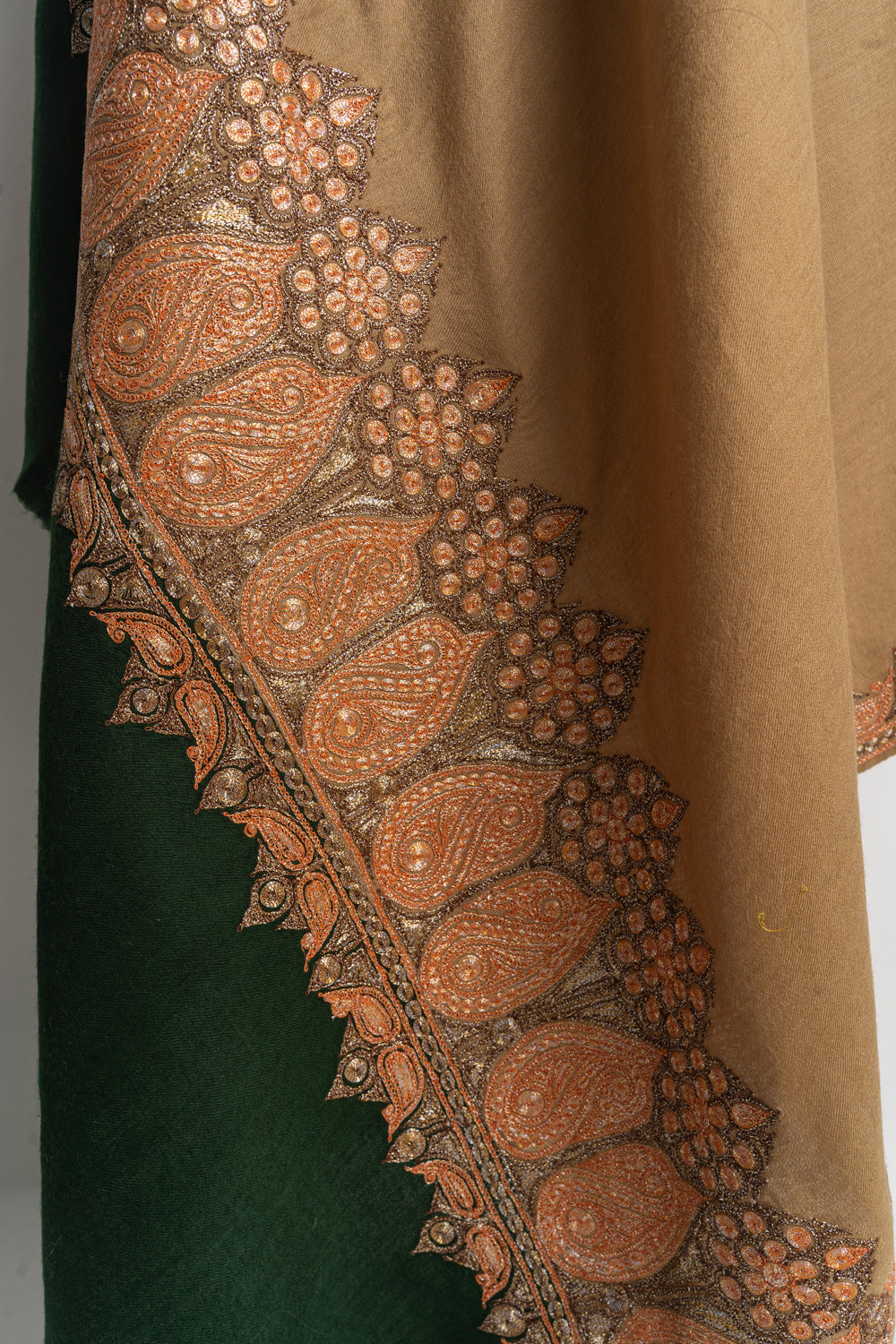 Luxurious Amber Kashmiri Tilla Embroidered Merino Wool Shawl