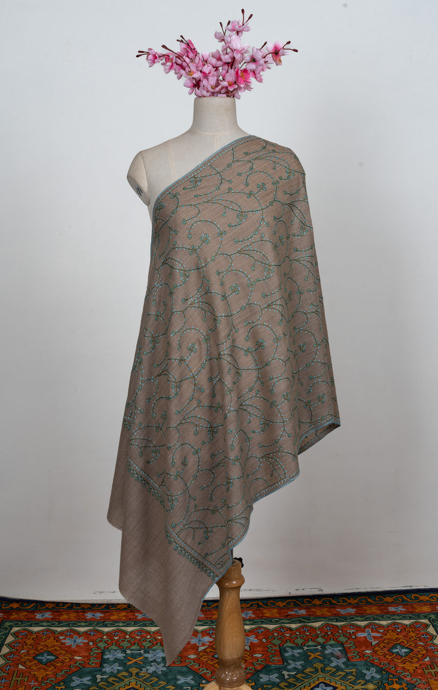 Misted Teal Vines Sozni Hand Embroidered Merino Wool Stole