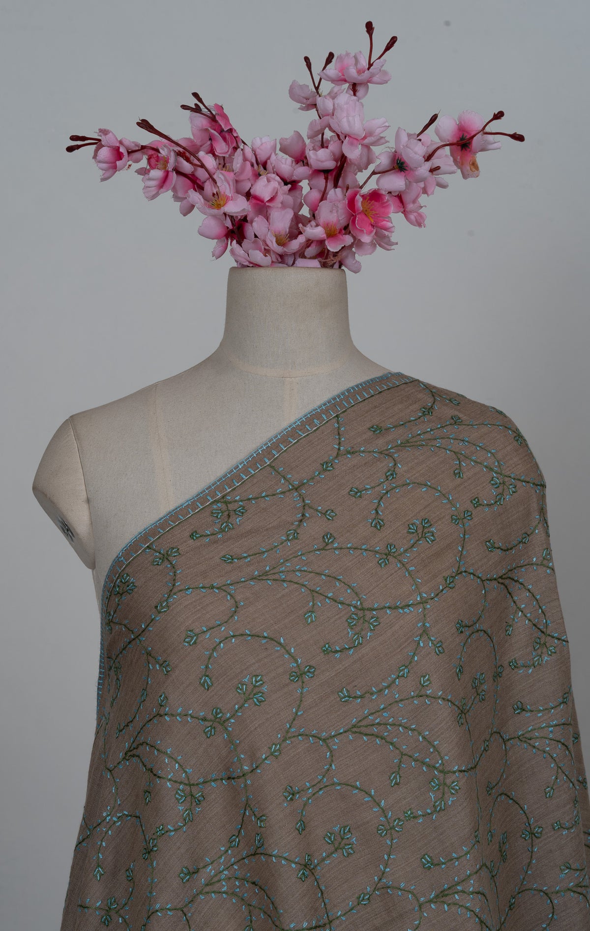 Misted Teal Vines Sozni Hand Embroidered Merino Wool Stole