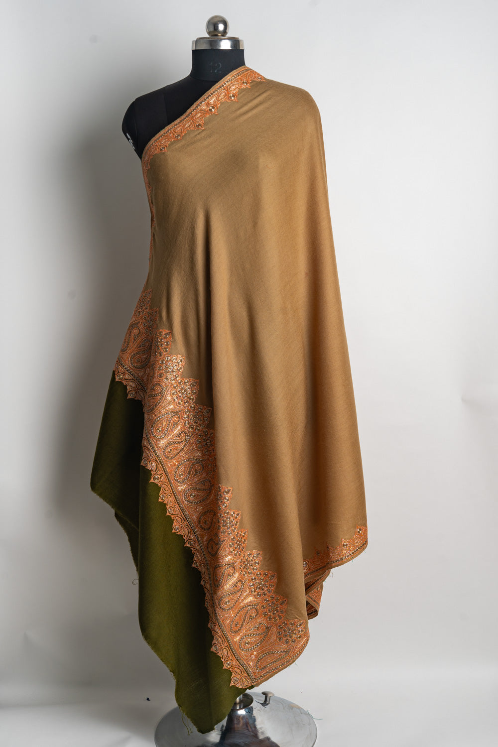 Warm Caramel Kashmiri Tilla Embroiderd Contrast Shawl