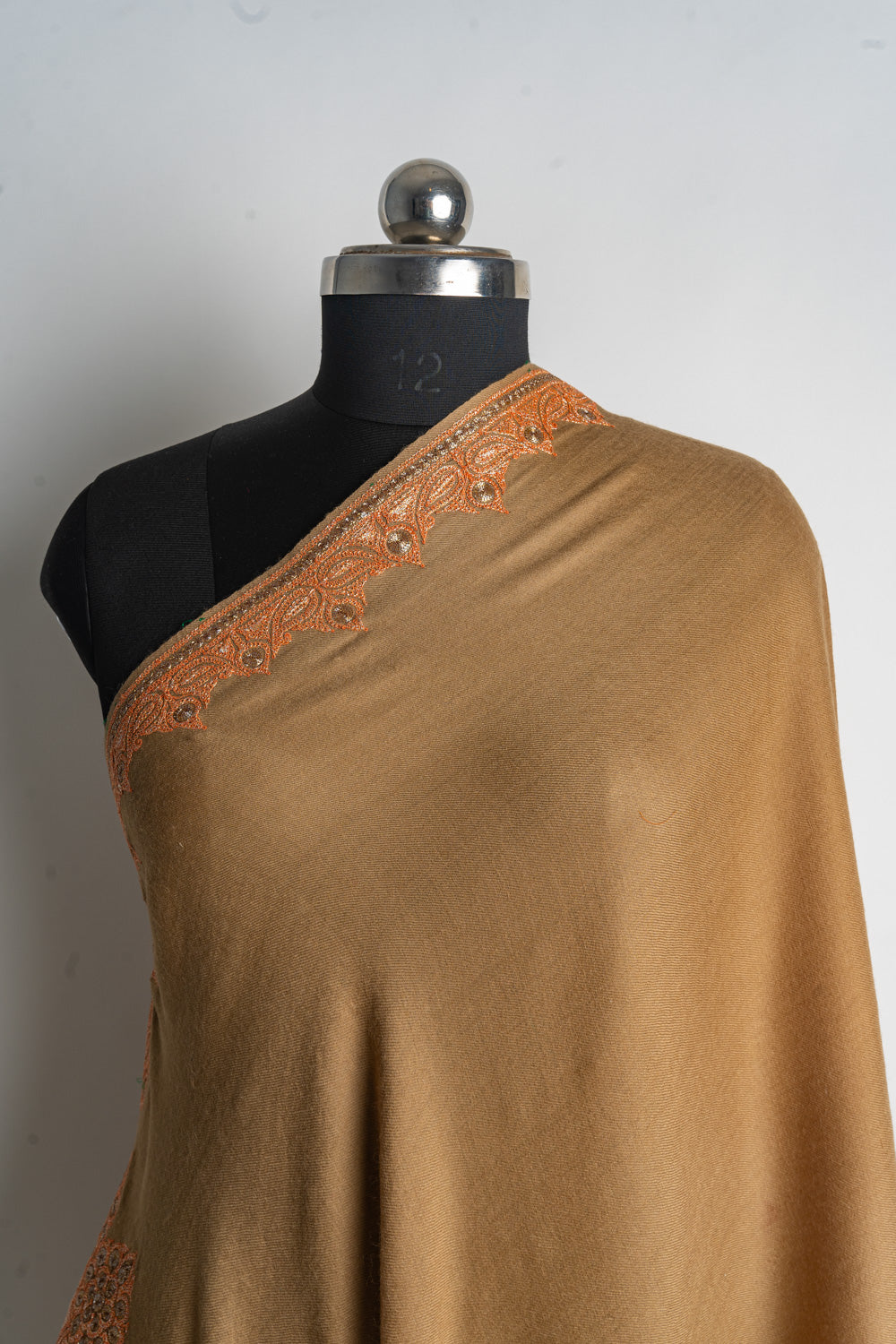 Warm Caramel Kashmiri Tilla Embroiderd Contrast Shawl