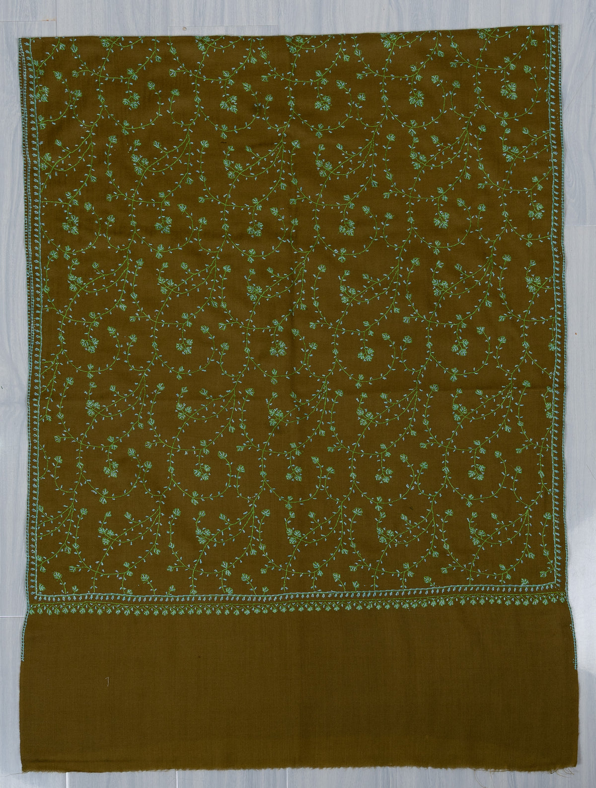 Olive Meadow Sozni Hand Embroidered Merino Wool Stole