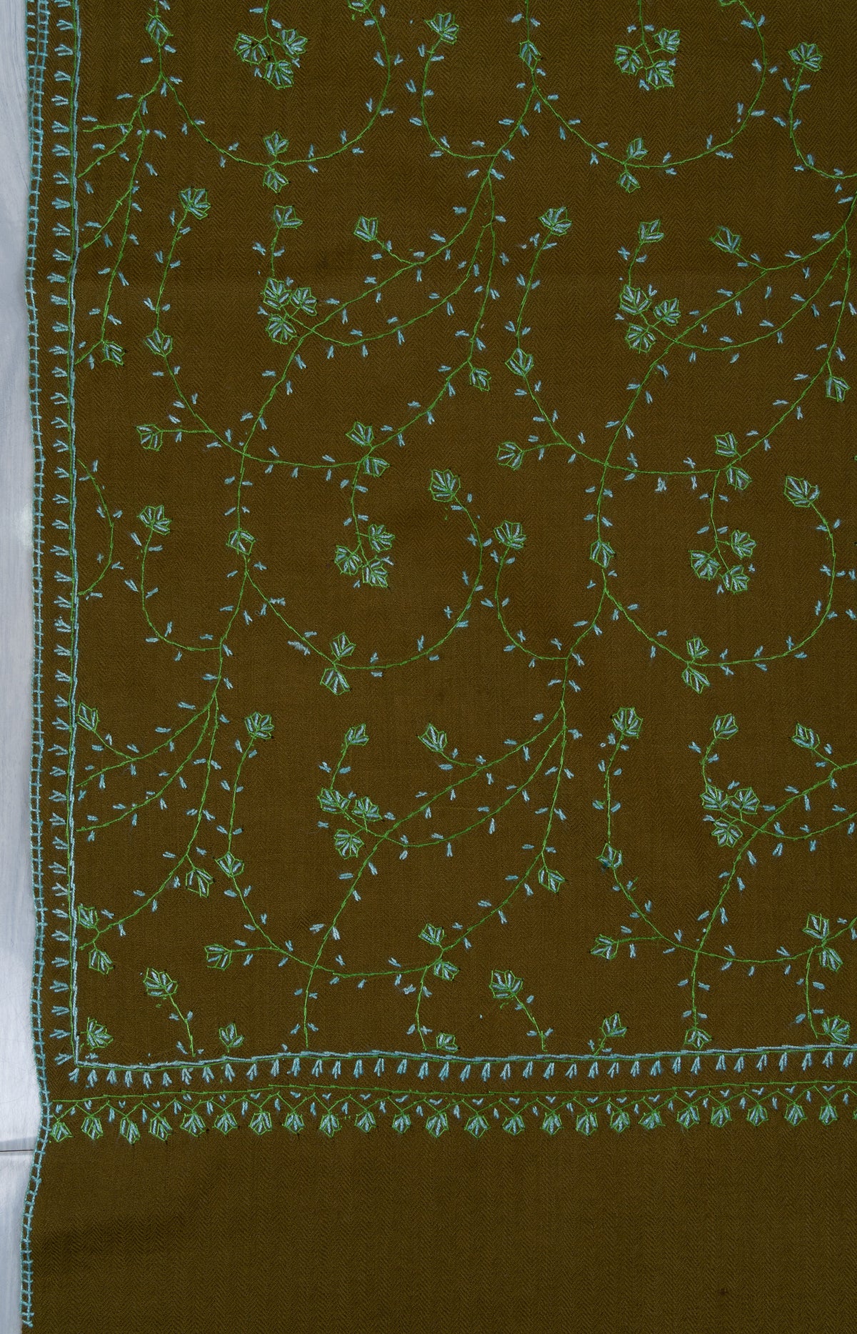 Olive Meadow Sozni Hand Embroidered Merino Wool Stole