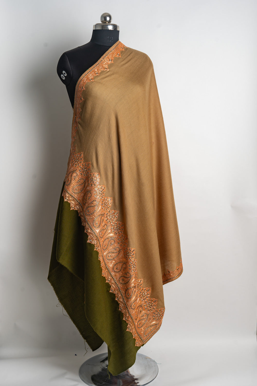 Warm Caramel Kashmiri Tilla Embroiderd Contrast Shawl