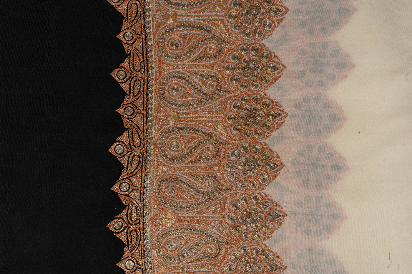 Elegant Ivory and Black Kashmiri Tilla Embroidered Merino Wool Shawl