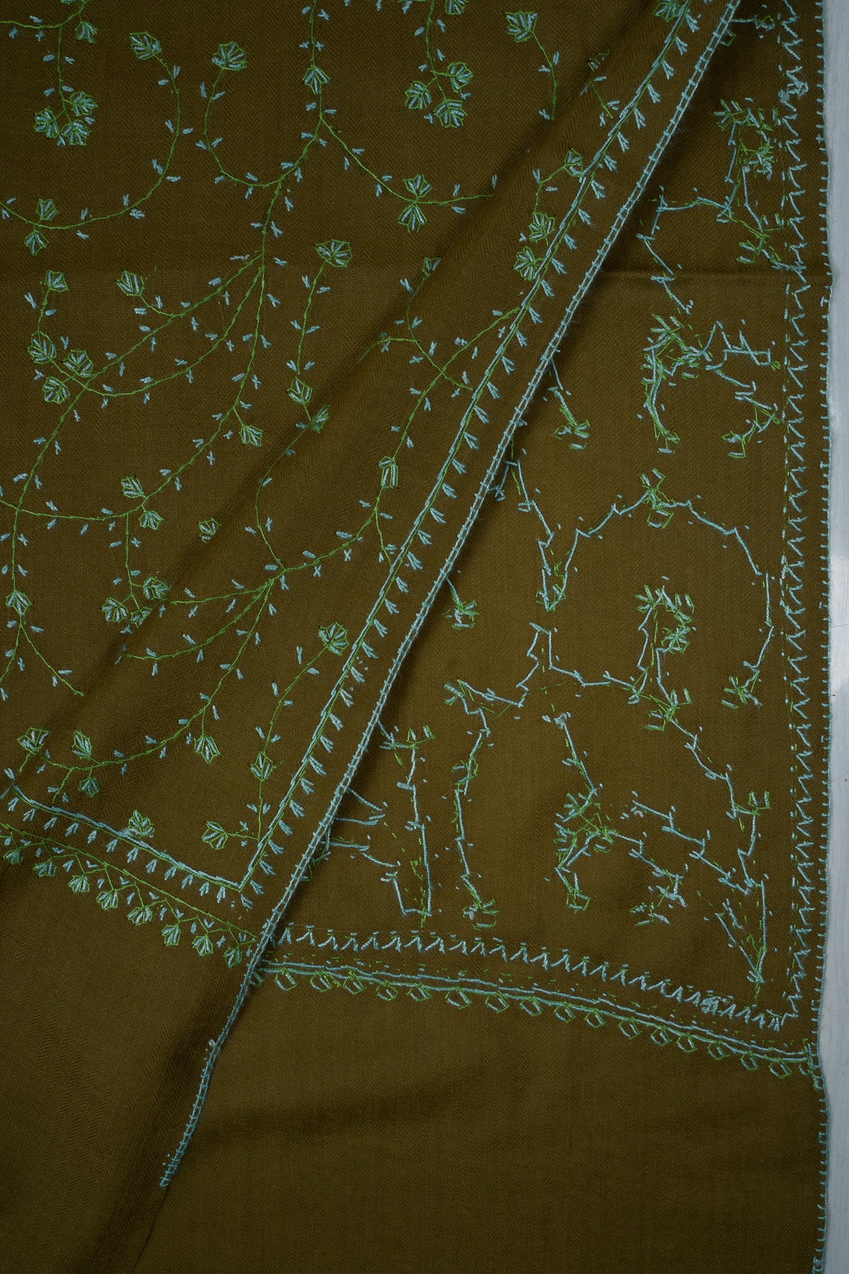 Olive Meadow Sozni Hand Embroidered Merino Wool Stole
