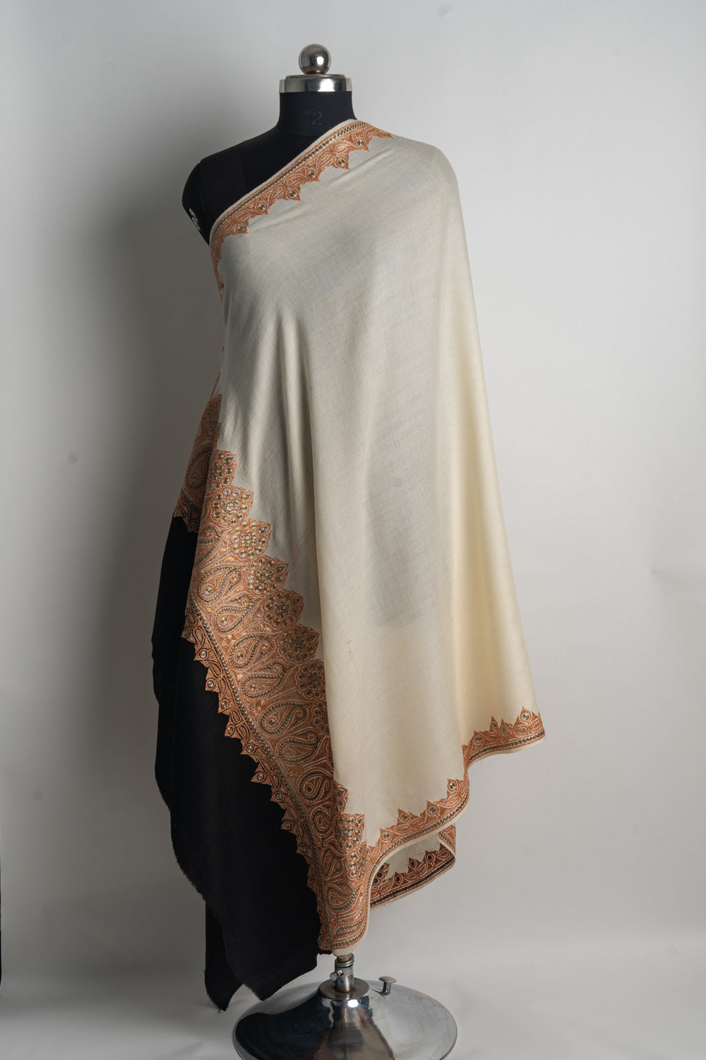 Elegant Ivory and Black Kashmiri Tilla Embroidered Merino Wool Shawl