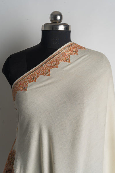 Elegant Ivory and Black Kashmiri Tilla Embroidered Merino Wool Shawl