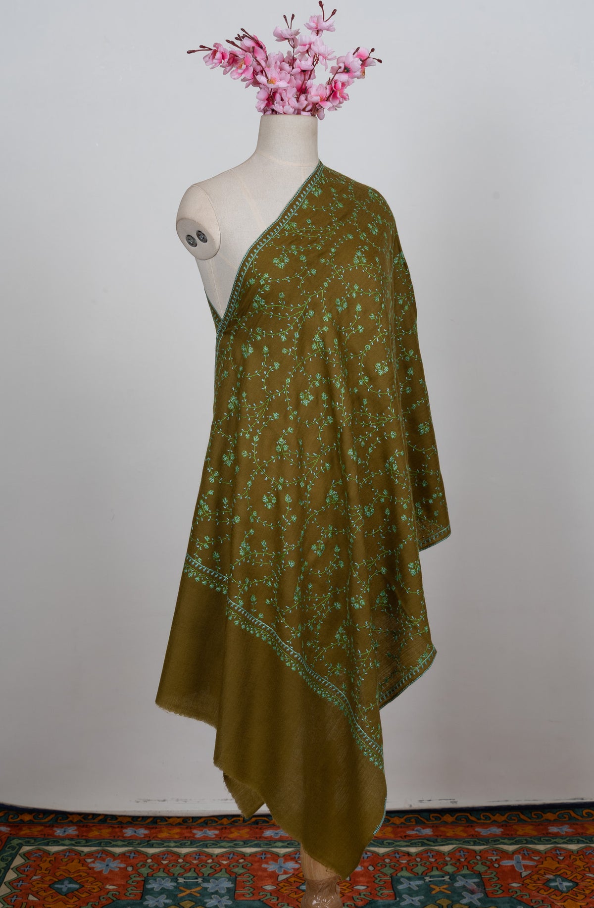 Olive Meadow Sozni Hand Embroidered Merino Wool Stole