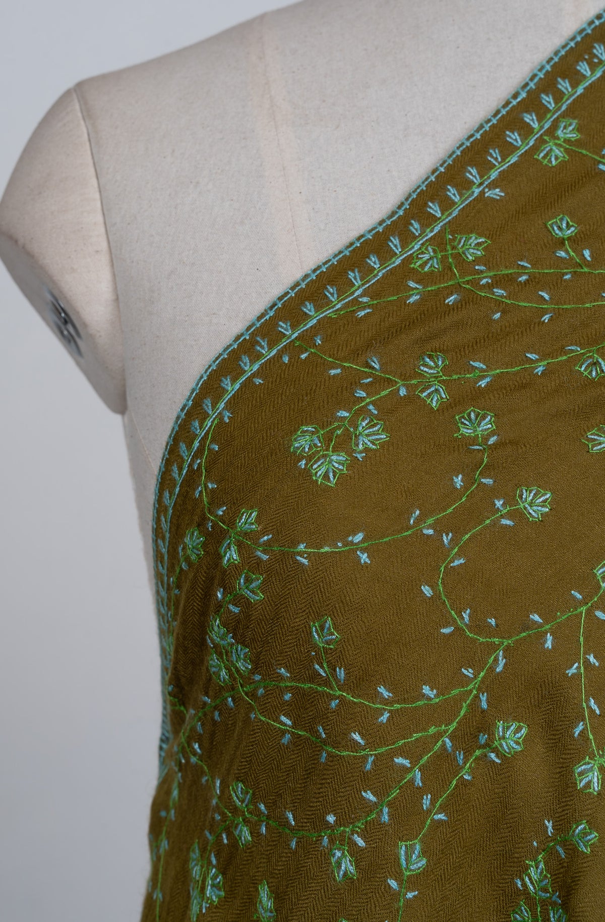 Olive Meadow Sozni Hand Embroidered Merino Wool Stole