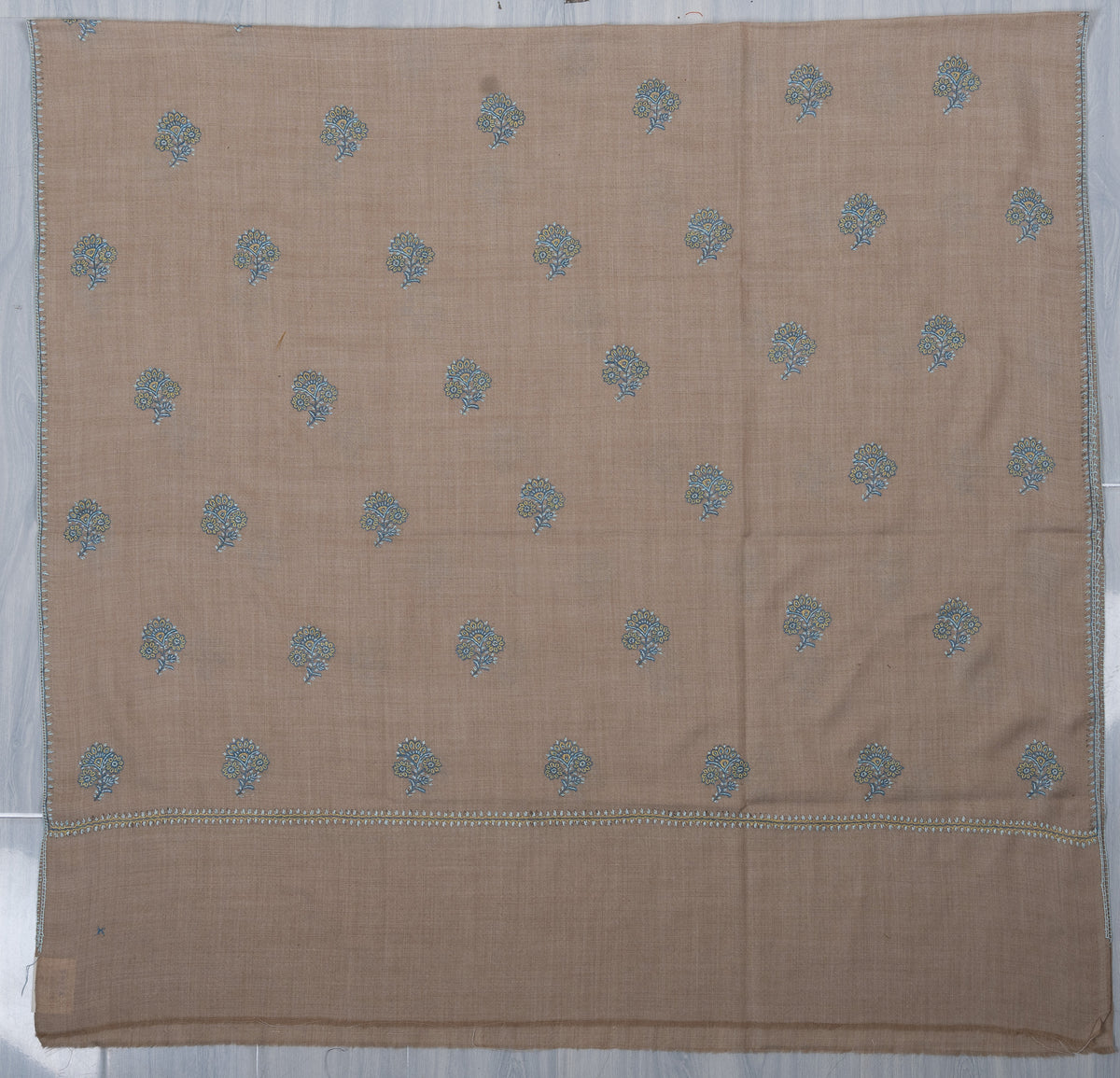 Powder Blue Buti Sozni Hand Embroidered Merino Wool Shawl