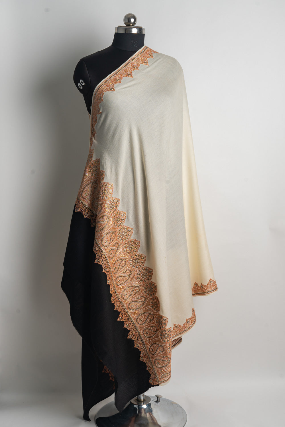 Elegant Ivory and Black Kashmiri Tilla Embroidered Merino Wool Shawl