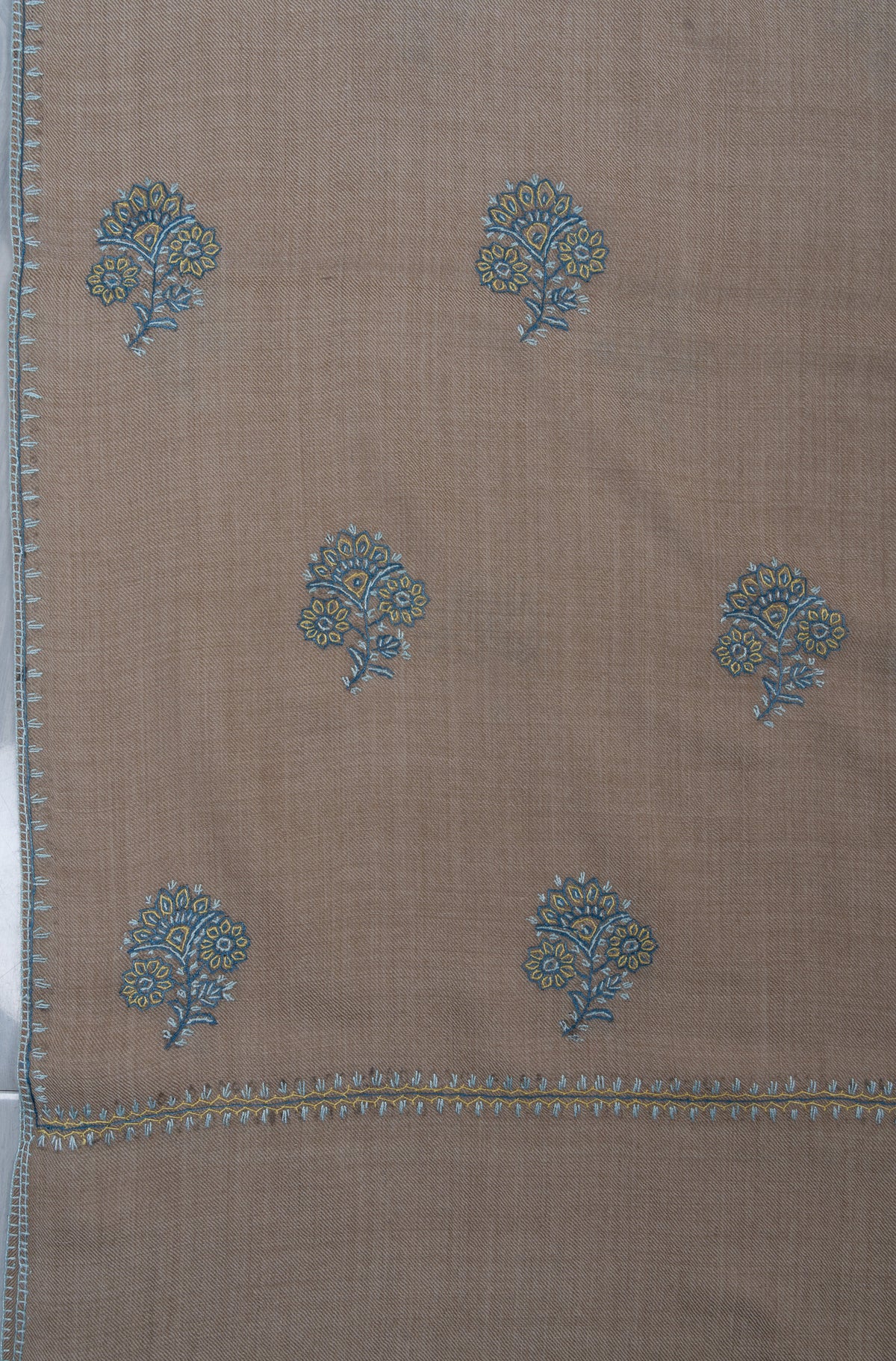 Powder Blue Buti Sozni Hand Embroidered Merino Wool Shawl