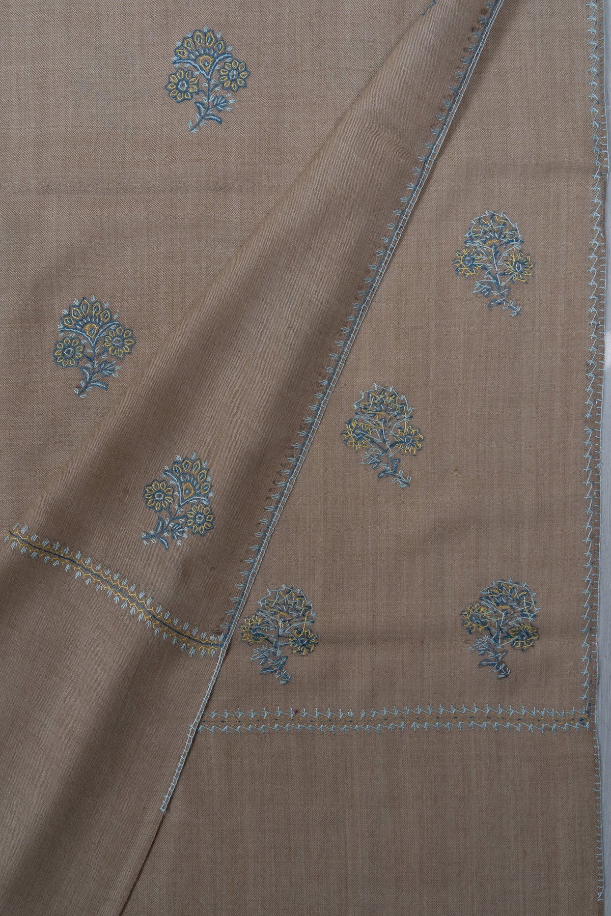 Powder Blue Buti Sozni Hand Embroidered Merino Wool Shawl